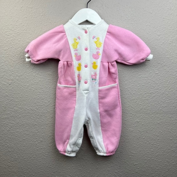 VTG OshKosh Vintage 90's Fleece Jumpsuit in Pink and White Sz 6-9M - Picture 1 of 9